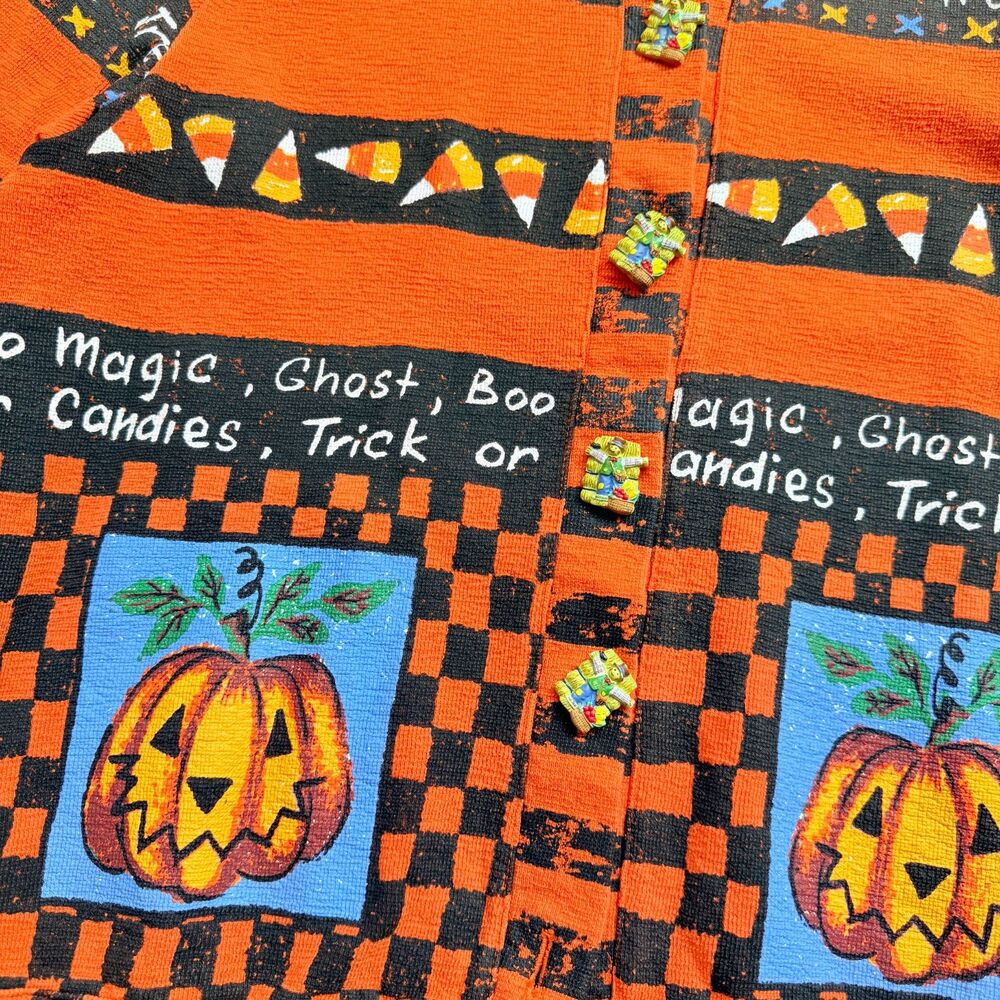 Vintage Halloween Sweater Cardigan Medium Pumpkin Candy Corn Trick or Treat 90s - Picture 12 of 12